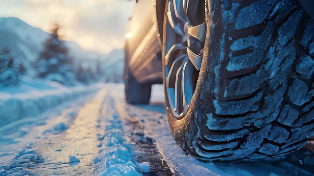 An off-road vehicle with robust winter tires drives through a snow-covered forest, showcasing traction and durability in extreme conditions