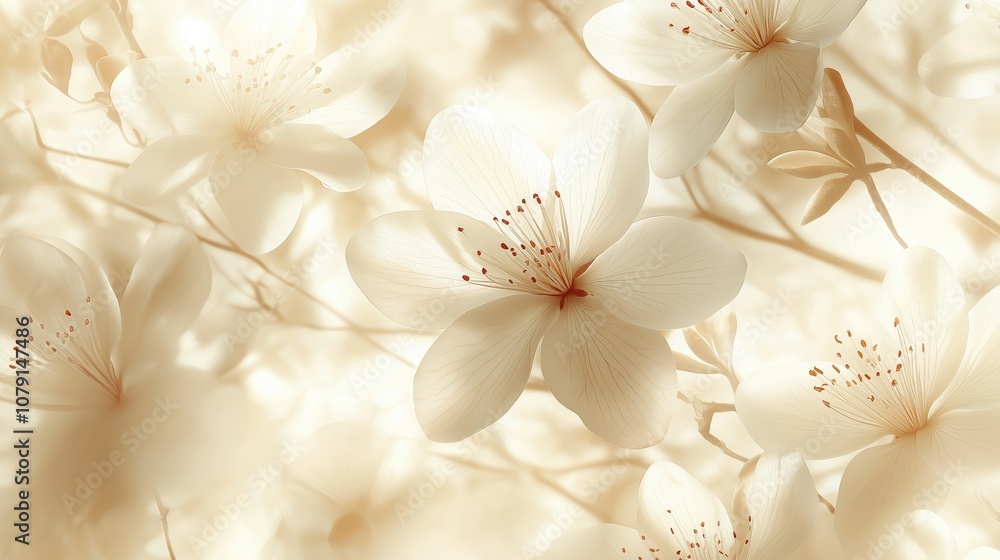 Poster close up of a bunch of white flowers with red dots on them. the flowers are arranged in a way that t