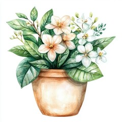 Obraz premium Botanical Watercolor Illustration. Hand painted Leaf in Flowerpot with Floral Bouquet and Home Herb Decoration