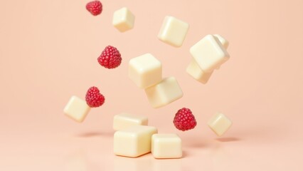 Butter white chocolate cubes are suspended in mid-air alongside ripe raspberries, set against a soft pastel background that adds a whimsical touch to the culinary arrangement