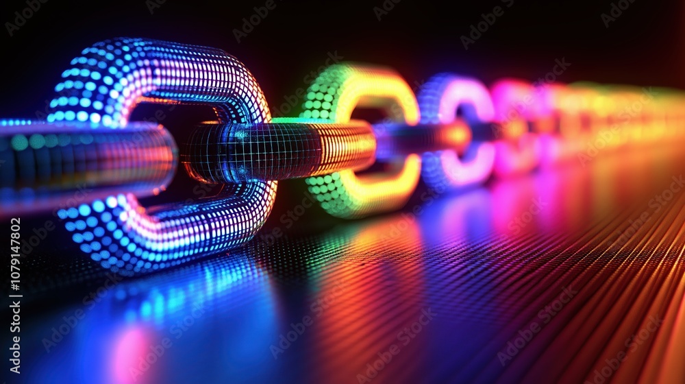 Poster chain of colorful links is shown in a black background. the chain is made up of many small circles t