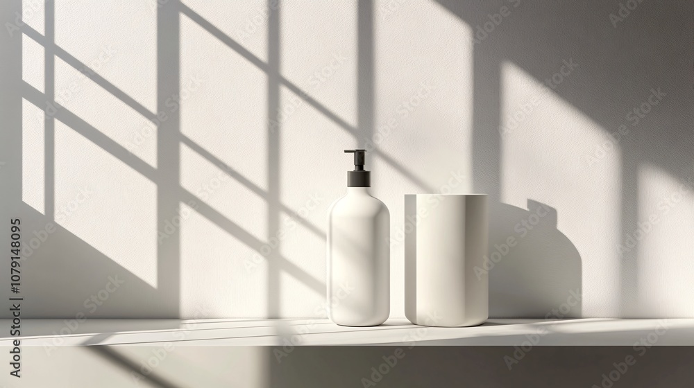 Poster a minimalist arrangement showcasing a white bottle and a cylindrical container on a shelf, illuminat