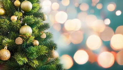Obraz premium Christmas tree and blur bokeh lights background. Xmas and happy new year. Use for greeting card, cover, banner, header template.