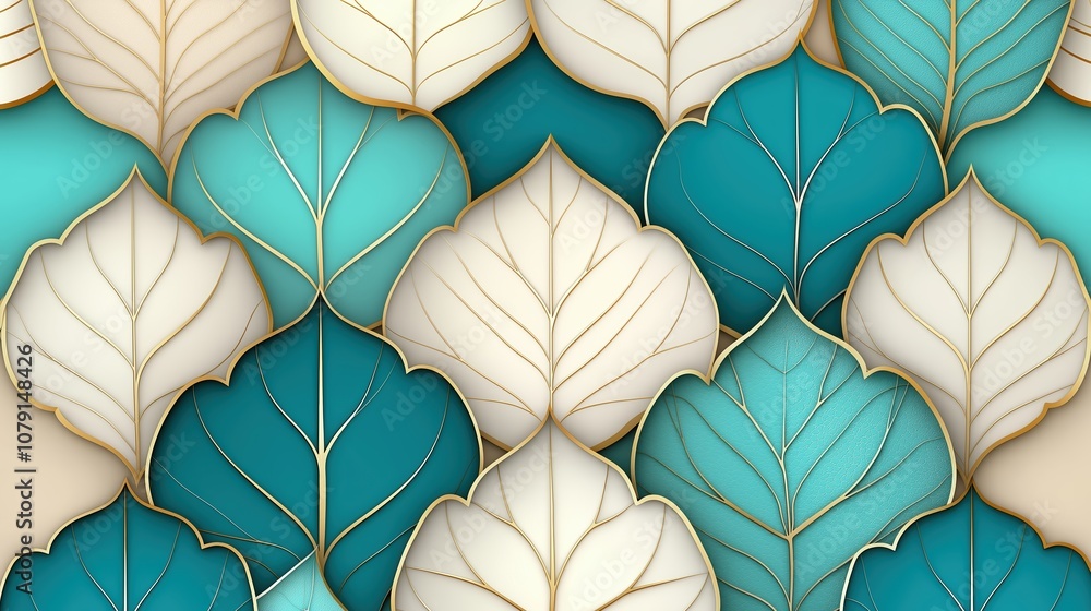 Aufkleber blue and white leafy patterned background with gold leaf accents. the leaves are arranged in a way t