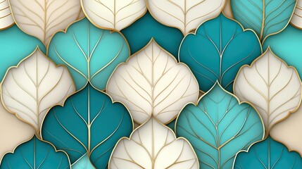 Blue and white leafy patterned background with gold leaf accents. The leaves are arranged in a way that creates a sense of depth and movement. Scene is serene and calming