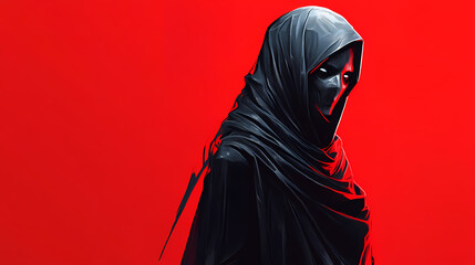 Mysterious character against bold red background. Mystique. Illustration