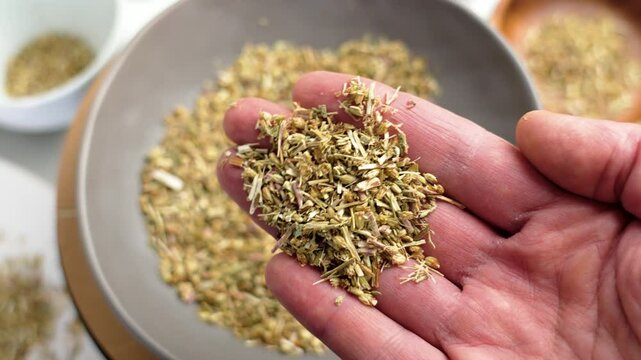 Hand holding dried medicinal herbs, ready for preparation. Natural medicine ingredient. Plant-based wellness and holistic health concept. Close up