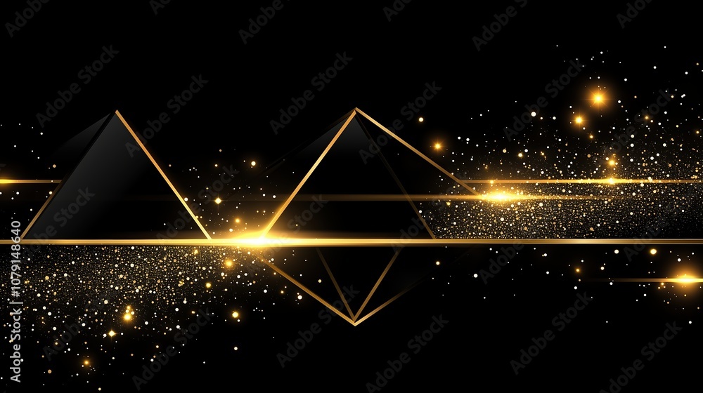 Poster black background with gold shapes and gold sparkles. the image has a luxurious and elegant feel to i