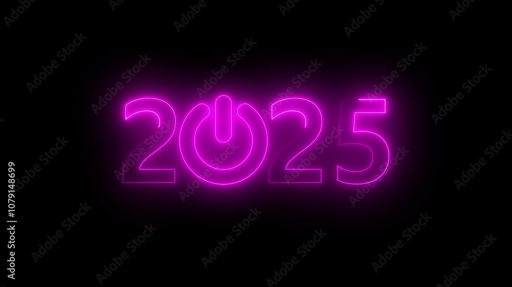 Poster glowing neon power button icon animation inside happy new year. 2025 happy new year. neon new year 2