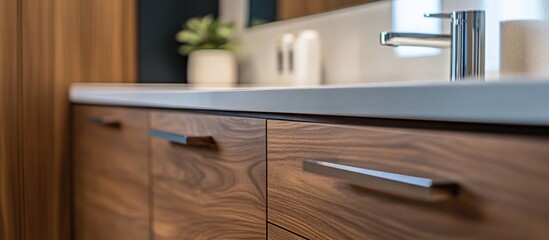 Close up of a stylish cabinet featuring sleek accents in a modern bathroom setting emphasizing wood and reflective surfaces