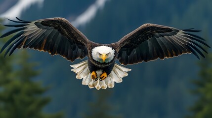 Bald eagle in flight, wings spread wide.