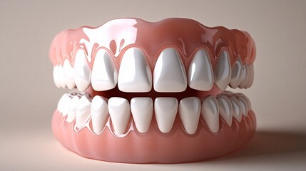 A realistic model of dentures showing a complete set of white teeth and pink gums, representing dental health and prosthetic solutions.
