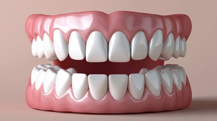 A realistic model of human teeth showcasing a neat set of upper and lower dentition with a natural gum line.