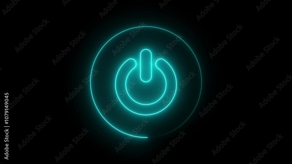 Poster neon glowing power button icon animated on a black background. glowing neon power icon sign with neo