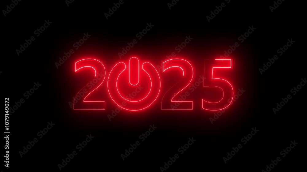 Poster glowing neon power button icon animation inside happy new year. 2025 happy new year. neon new year 2