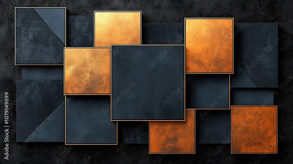 Poster black and gold square mosaic with a black background. the squares are of different sizes and are arr