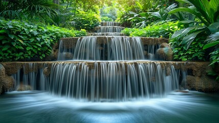 Serene Cascading Waterfall in Lush Tropical Garden