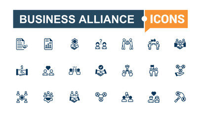 Business Relationship icons in linear style. Related to handshake, group, hand, organization, unity, people and more. Thin outline icons pack. Editable stroke. Vector illustration.
