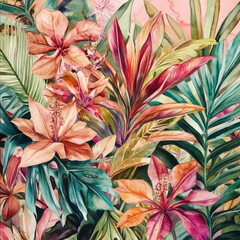 Tropical Watercolor Bouquet with Exotic Leaves and Botanical Flowers. Nature Inspired Design for Wedding Print