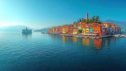 Naklejka premium A picturesque town on a calm lake with colorful buildings, a bell tower, and a clear blue sky.