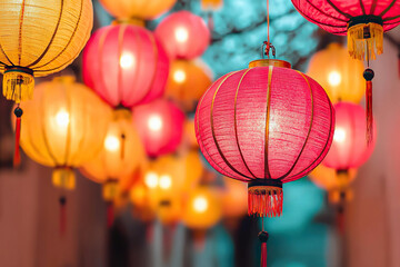 Fototapeta premium Colorful Chinese lanterns hanging in festive atmosphere, creating warm and inviting ambiance. Perfect for celebrating cultural events and traditions