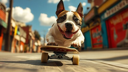 A playful dog skateboards happily down a vibrant street, showcasing its skills and enthusiasm under a bright blue sky.