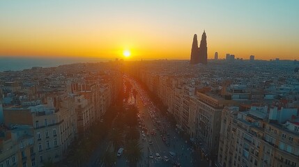 Obraz premium Sunset over a cityscape with a busy road and tall buildings in the distance.