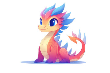 A joyful dragon character sits happily, ready for an adventure in a colorful world