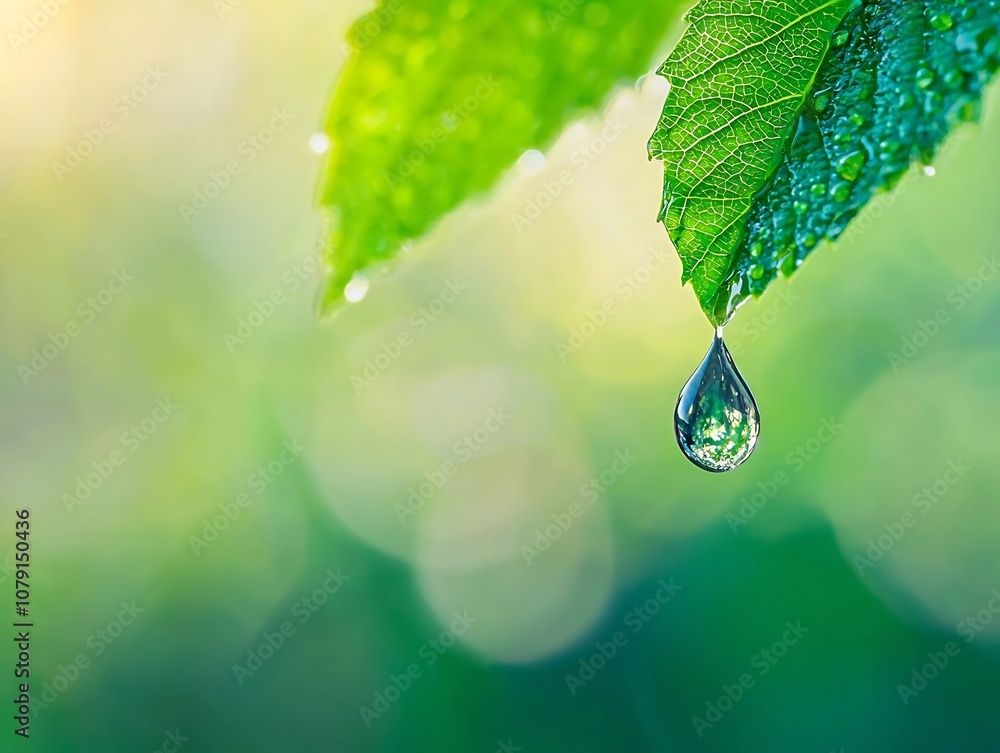 Poster a single droplet of water trembling on the tip of a leaf representing a fragile balance between hold