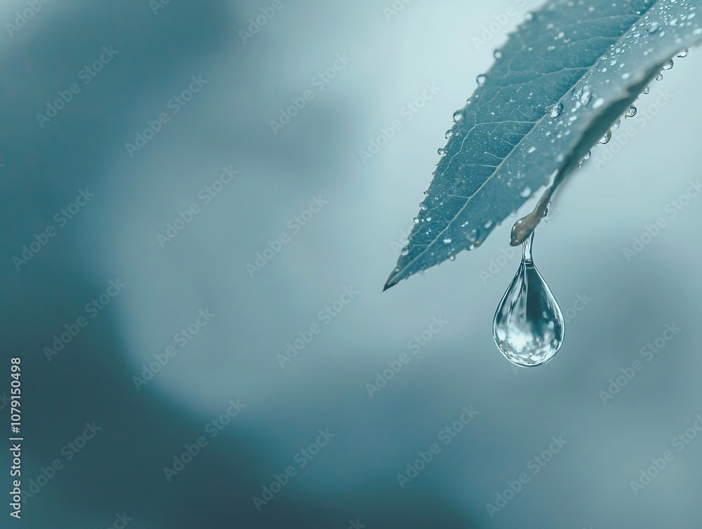 Poster fragile droplet on leaf trembles in breeze balancing between holding and letting go