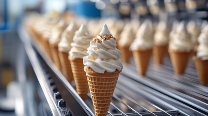 Naklejka premium A row of freshly made ice cream cones with creamy swirls, topped with light frosting, showcased on a metallic rack.