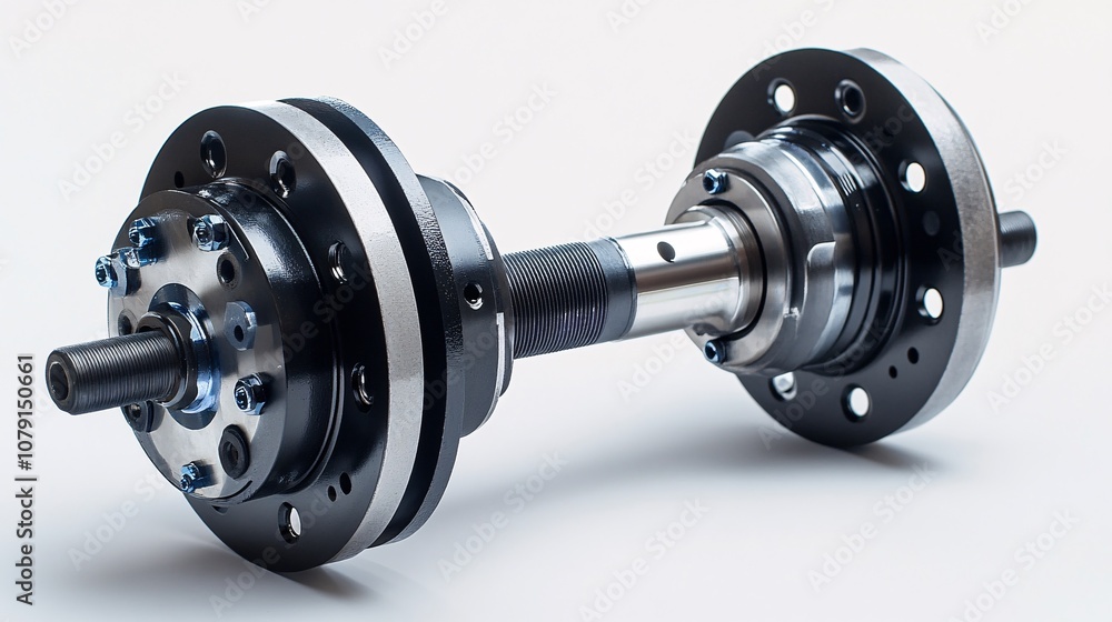 Poster a mechanical component featuring dual discs and a central shaft, commonly used in machinery for torq