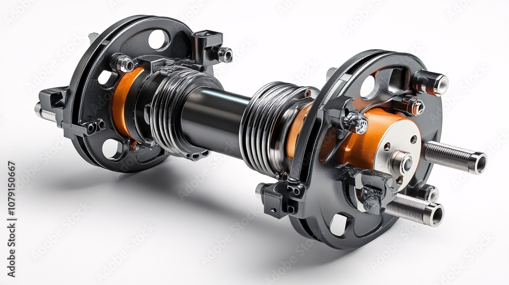 Poster a detailed mechanical component featuring a metallic hub, showcasing its intricate design and functi