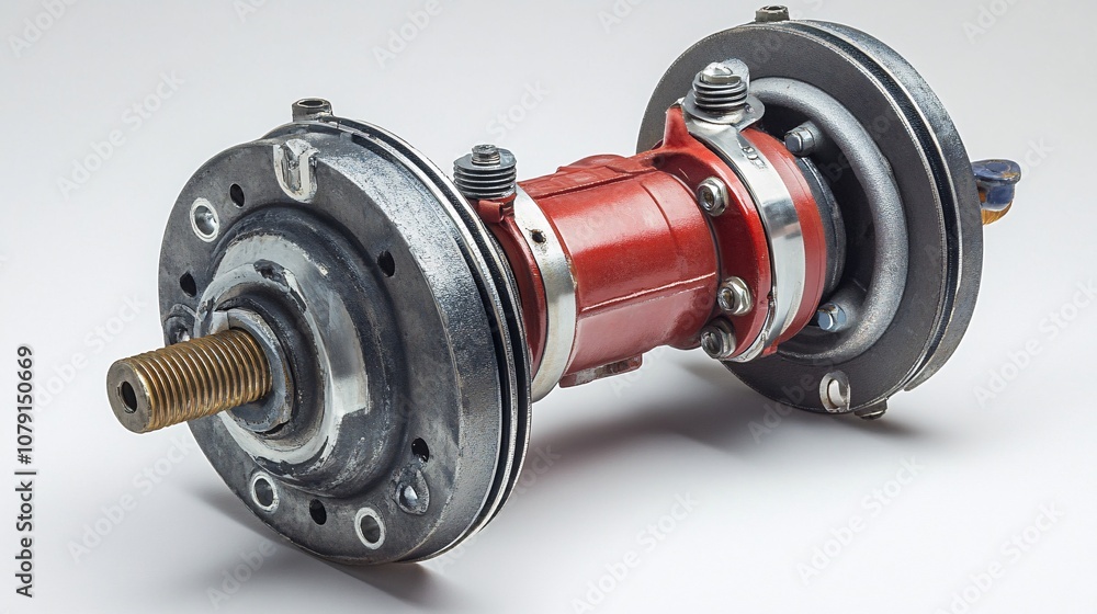 Poster a detailed mechanical component featuring a shiny red body, surrounded by metallic plates and secure