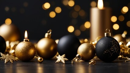 Luxurious Christmas background in black and gold ornaments and decor