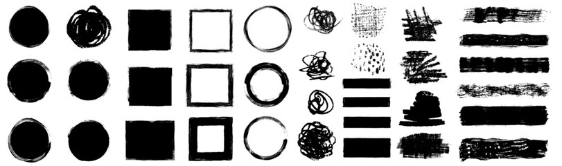 Hand Drawn Abstract Vector Collection of Black Grunge Shapes, Rough Frames, and Creative Scribbles with Textured Blots, Smudges, and Sketchy Edges for Artistic Designs and Package Elements