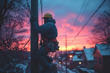 Fototapeta premium A lineman climbs a utility pole against a vibrant pink and blue sunset.