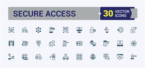 Naklejka premium Set of Access Control line icons. Containing system, digital, management, property, information, encryption, definition and more. Outline symbol collection. Editable stroke.