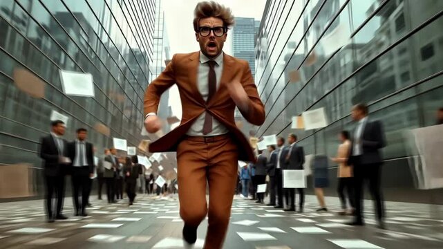 A man in a suit runs anxiously down the street, sheets of paper fly, deadline, rush