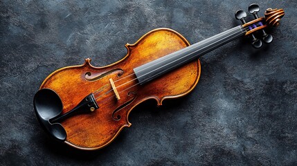 Fototapeta premium A beautifully crafted violin rests on a textured dark surface, showcasing its rich woodgrain and elegant shape.