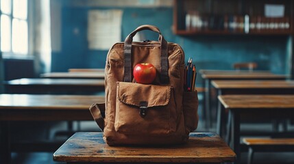A rustic backpack sits on a wooden desk in an empty classroom, with an apple resting on top, exuding a nostalgic and scholarly atmosphere.