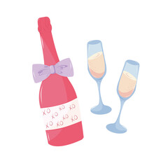 Two champagne glasses with champagne bottle. Valentine's Day, Romance, Love concept. Isolated Illustration for poster, banner, advertising, invitation, cover. EPS 10