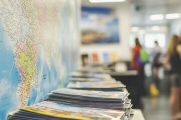 Travel brochures on a stand with a world map and people.