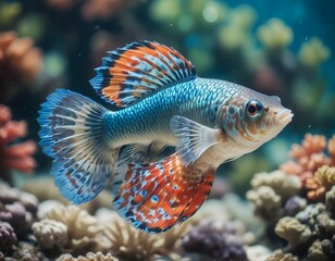 Fototapeta premium Tropical Guppy Fish Poecilia Reticulata in a Vibrant Coral Reef Aquarium Underwater