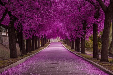 A stunning avenue of vibrant trees in full bloom, with petals carpeting the path, creating a magical, serene environment.