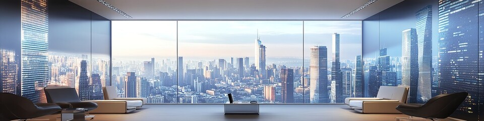 Panoramic view from modern office on skyscraper skyline.