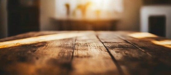 Close up of a rustic wooden table with a softly blurred background perfect for showcasing dining or interior design ideas