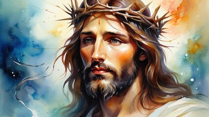 Fototapeta premium Gentle watercolor painting of Jesus with a crown of thorns, muted tones, soft light, and fluid brushstrokes