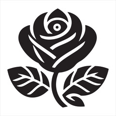 A logo in black and white with a rose in the middle