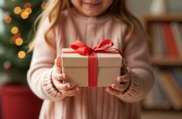 Joyful Little Girl Holding a Beautiful Gift Box With Red Ribbon During Christmas Celebration